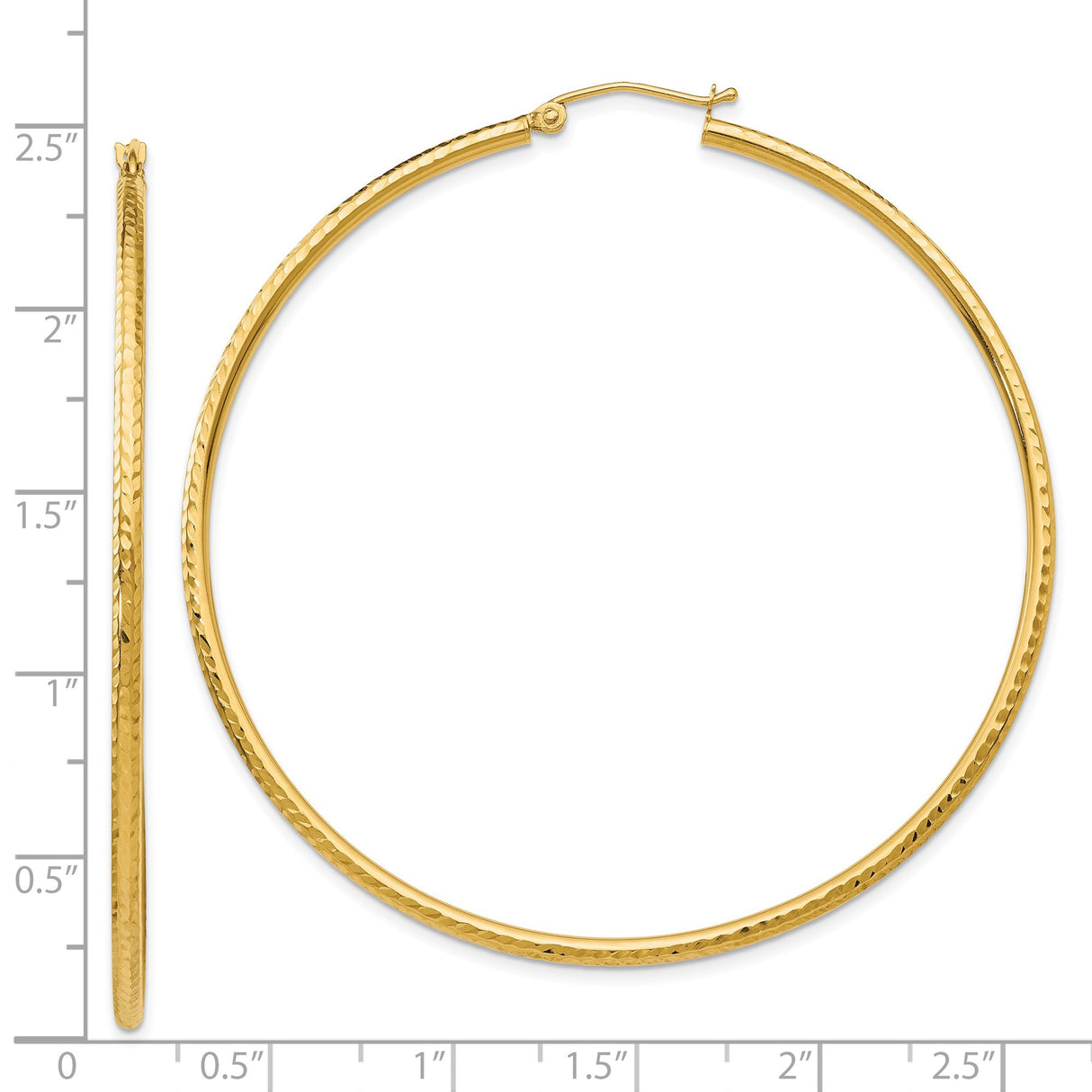 14k Yellow Gold Hoop Earrings, Large Round Diamond Cut Textured Design, Lightweight for Women