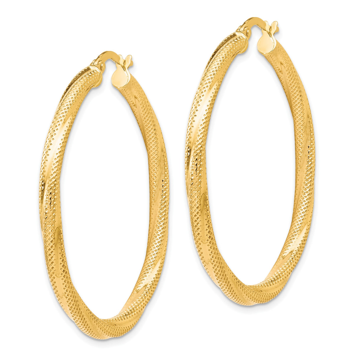10k Yellow Gold Hoop Earrings with Twisted Diamond Cut Design, Textured Statement Style