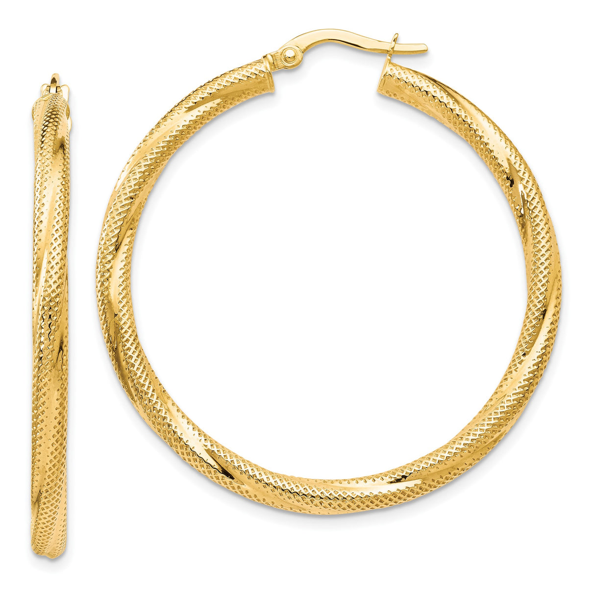 10k Yellow Gold Hoop Earrings with Twisted Diamond Cut Design, Textured Statement Style