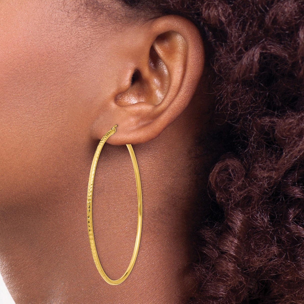 14k Yellow Gold Hoop Earrings with Hammered Finish, Textured Round Design, Latch Back Closure