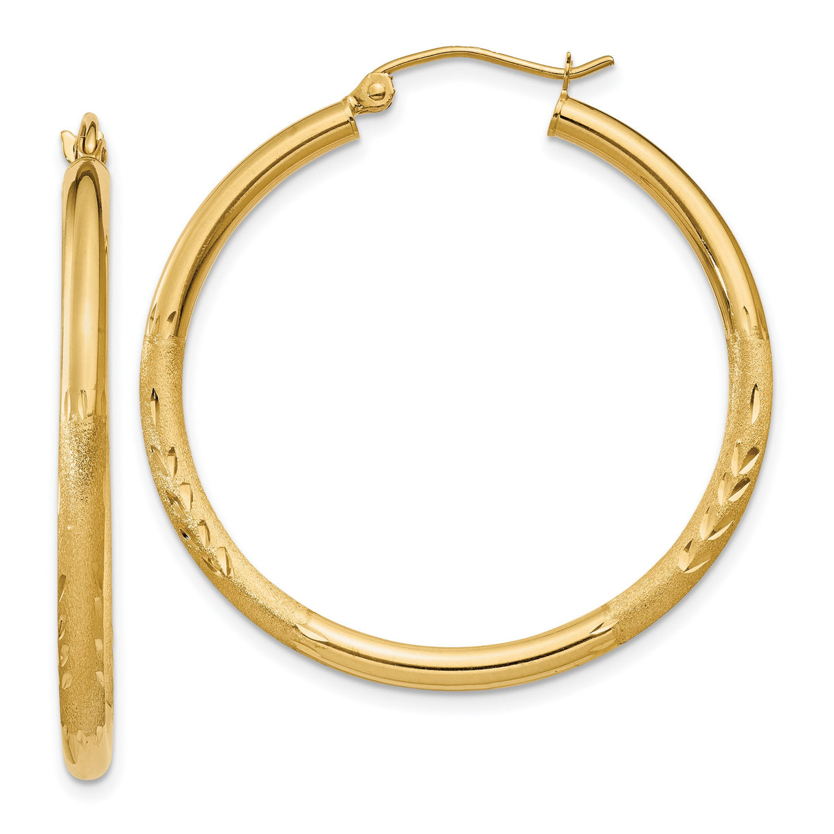 14k Yellow Gold Hoop Earrings with Polished and Textured Leaf Accents, Lightweight Dainty Design