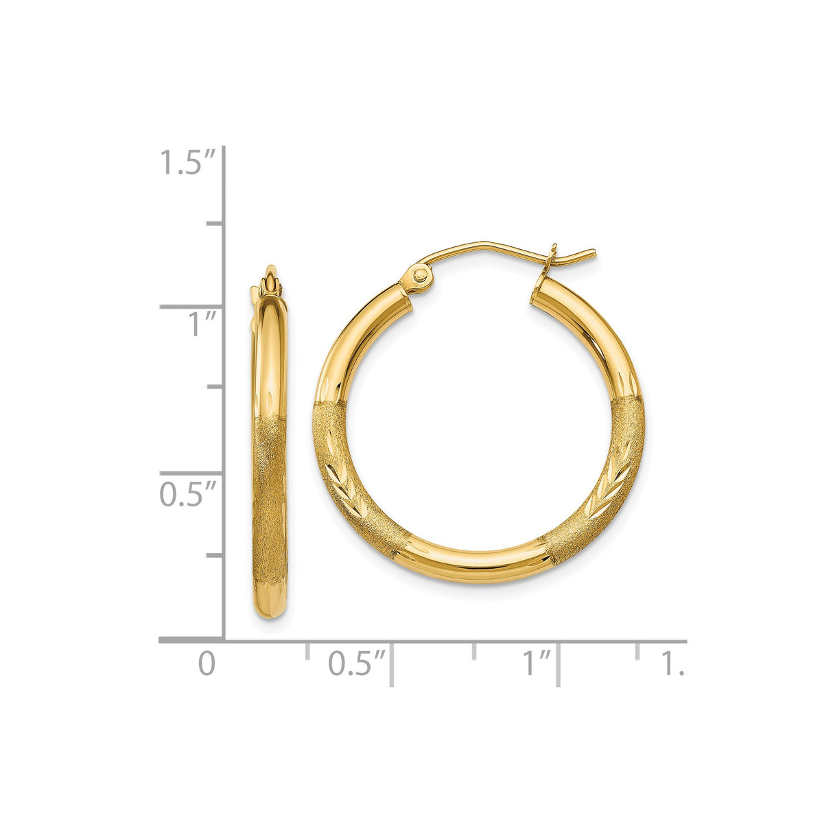 14k Yellow Gold Hoop Earrings, Textured Sandblasted Finish with Chevron Design