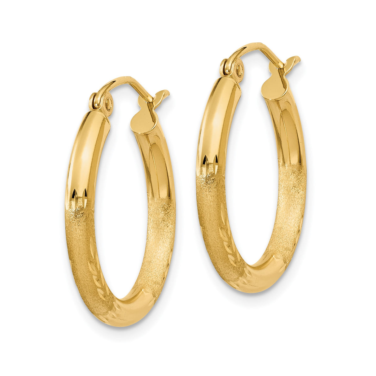 14k Yellow Gold Hoop Earrings with Textured Diamond Cut Leaf Design, Medium Size