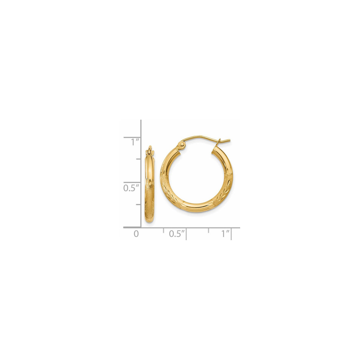 14k Yellow Gold Hoop Earrings with Textured Diamond Cut Leaf Design, Medium Size