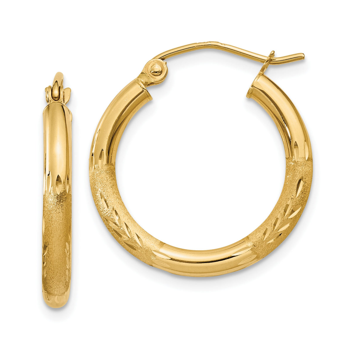 14k Yellow Gold Hoop Earrings with Textured Diamond Cut Leaf Design, Medium Size