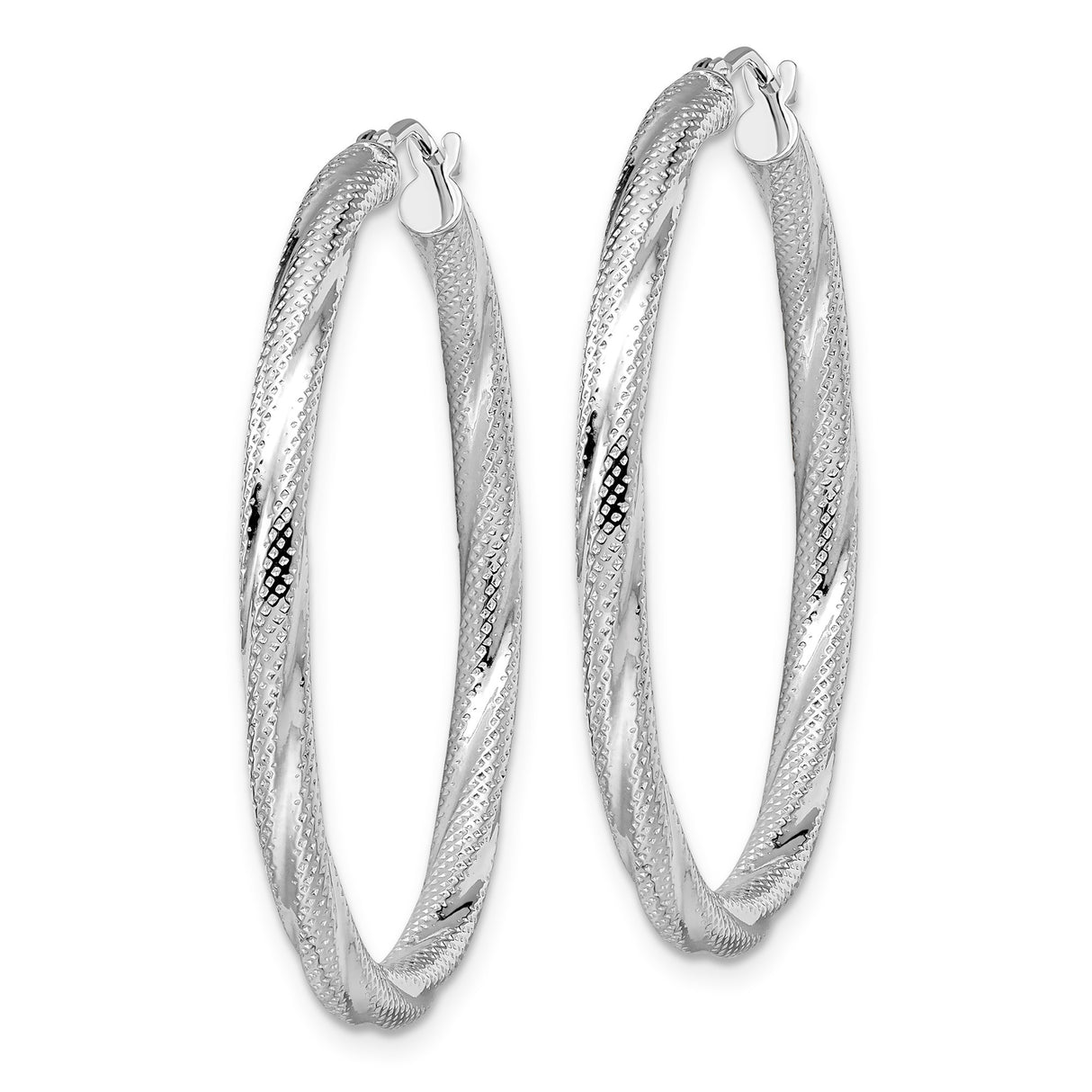 10k White Gold Hoop Earrings with Twisted Diamond Cut Design, Lightweight Classic Style