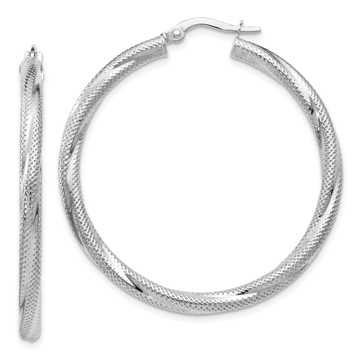 10k White Gold Hoop Earrings with Twisted Diamond Cut Design, Lightweight Classic Style