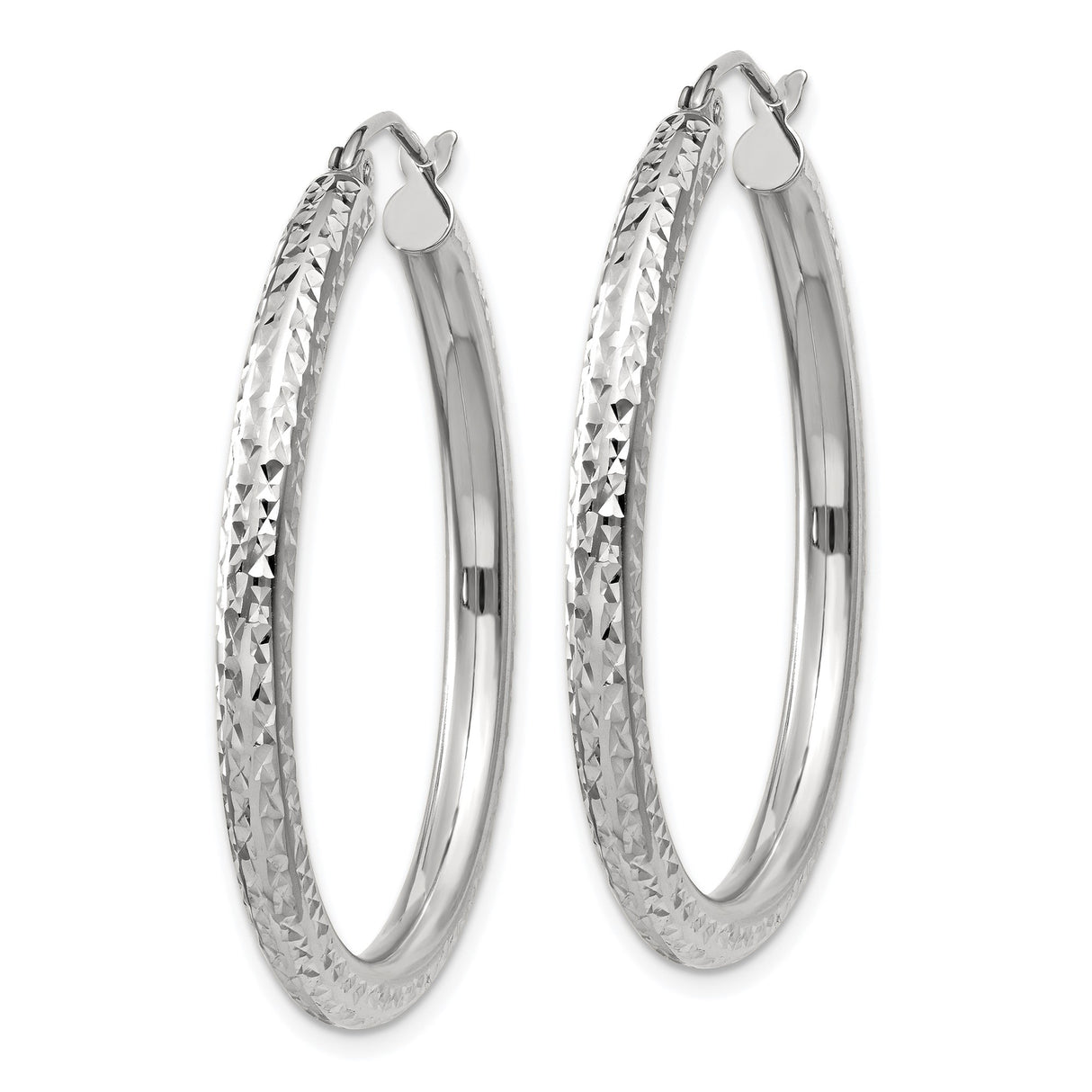 14k White Gold Hoop Earrings, Diamond Cut Textured Finish, Lightweight Classic Style for Women