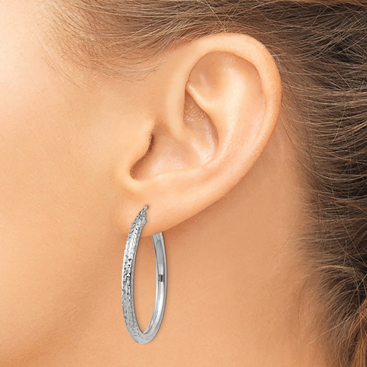 14k White Gold Hoop Earrings, Diamond Cut Textured Finish, Lightweight Classic Style for Women