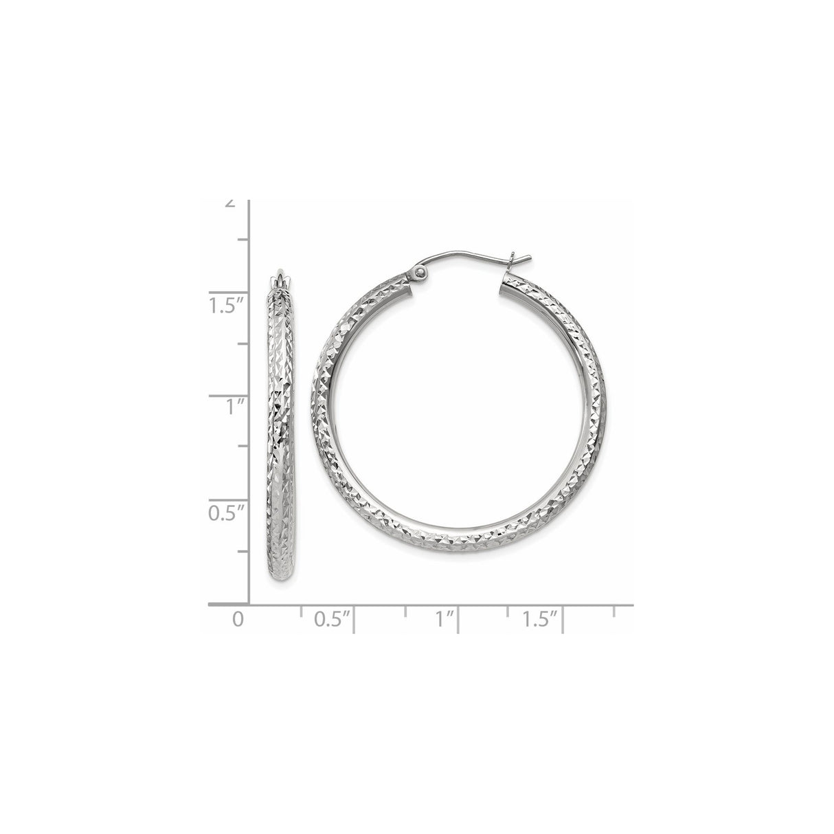 14k White Gold Hoop Earrings, Diamond Cut Textured Finish, Lightweight Classic Style for Women