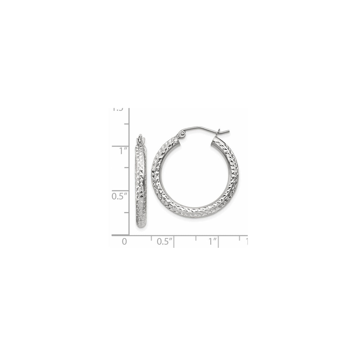14k White Gold Hoop Earrings with Diamond Cut Design, Textured Lightweight Style for Women