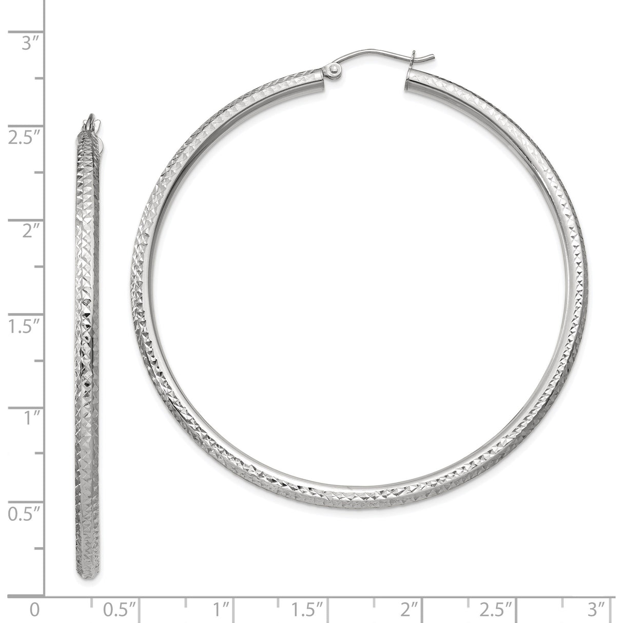 14k White Gold Hoop Earrings, Diamond-Cut Textured, Classic Circular Lightweight Design for Women