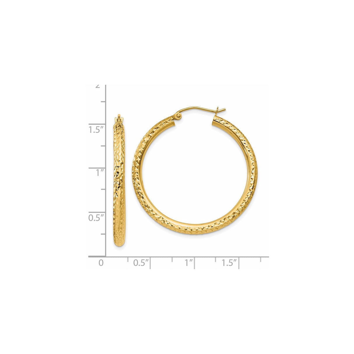 14k Yellow Gold Hoop Earrings with Diamond Cut Textured Finish, Lightweight Classic Design