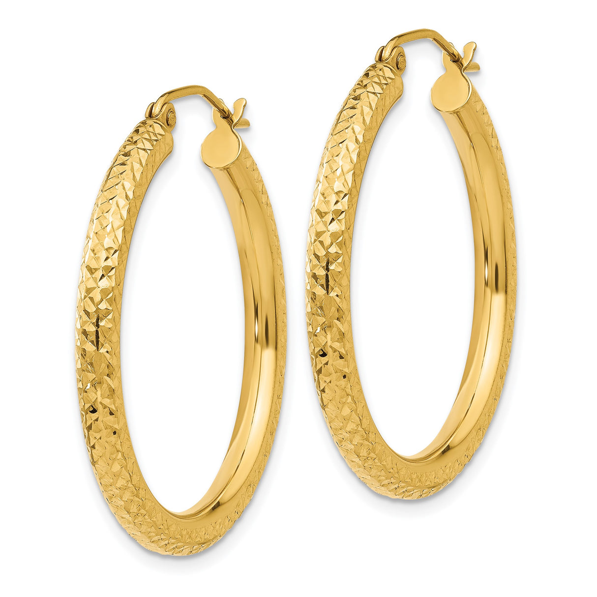 14k Yellow Gold Hoop Earrings, Diamond Cut Textured Design, Polished Finish, Lightweight