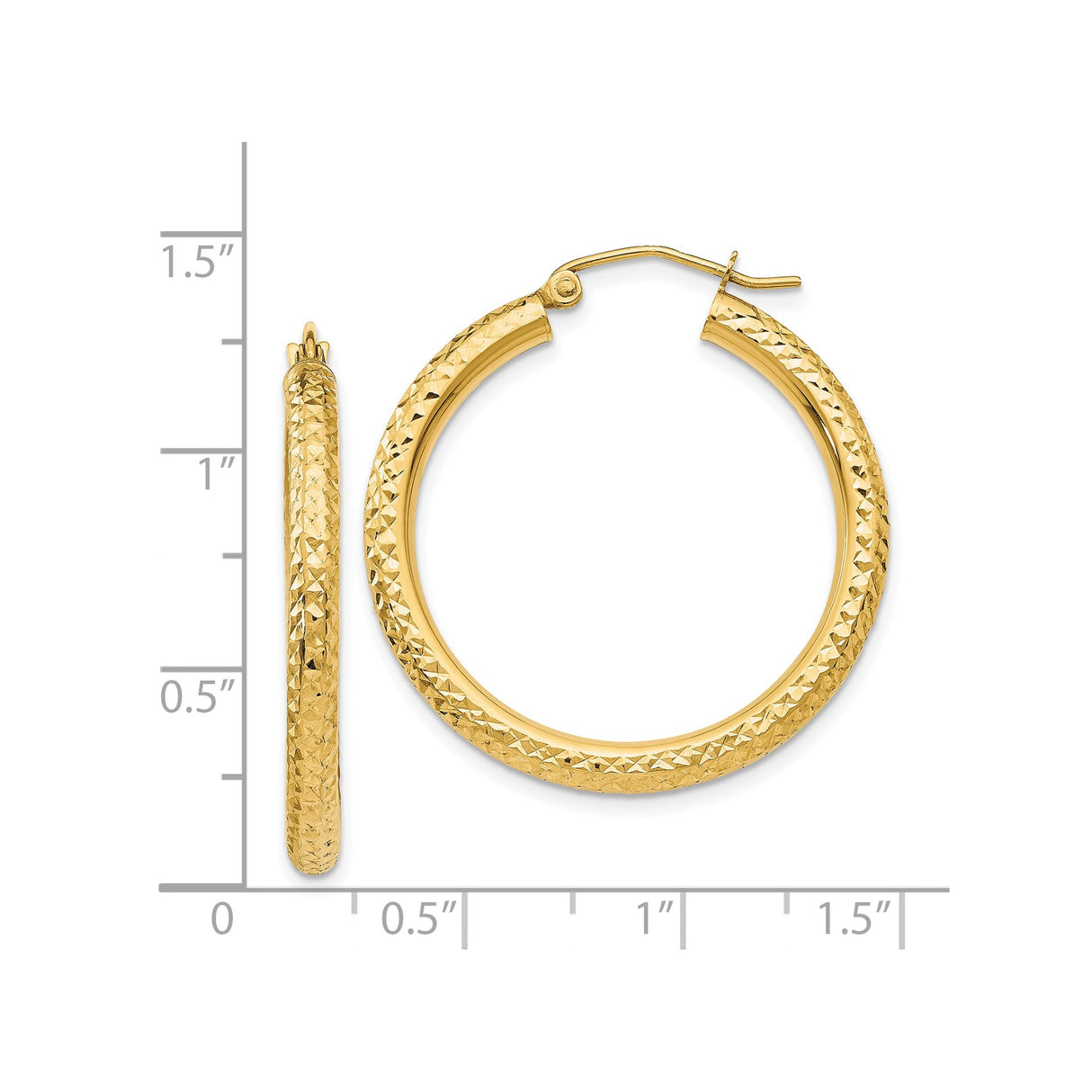 14k Yellow Gold Hoop Earrings, Diamond Cut Textured Design, Polished Finish, Lightweight