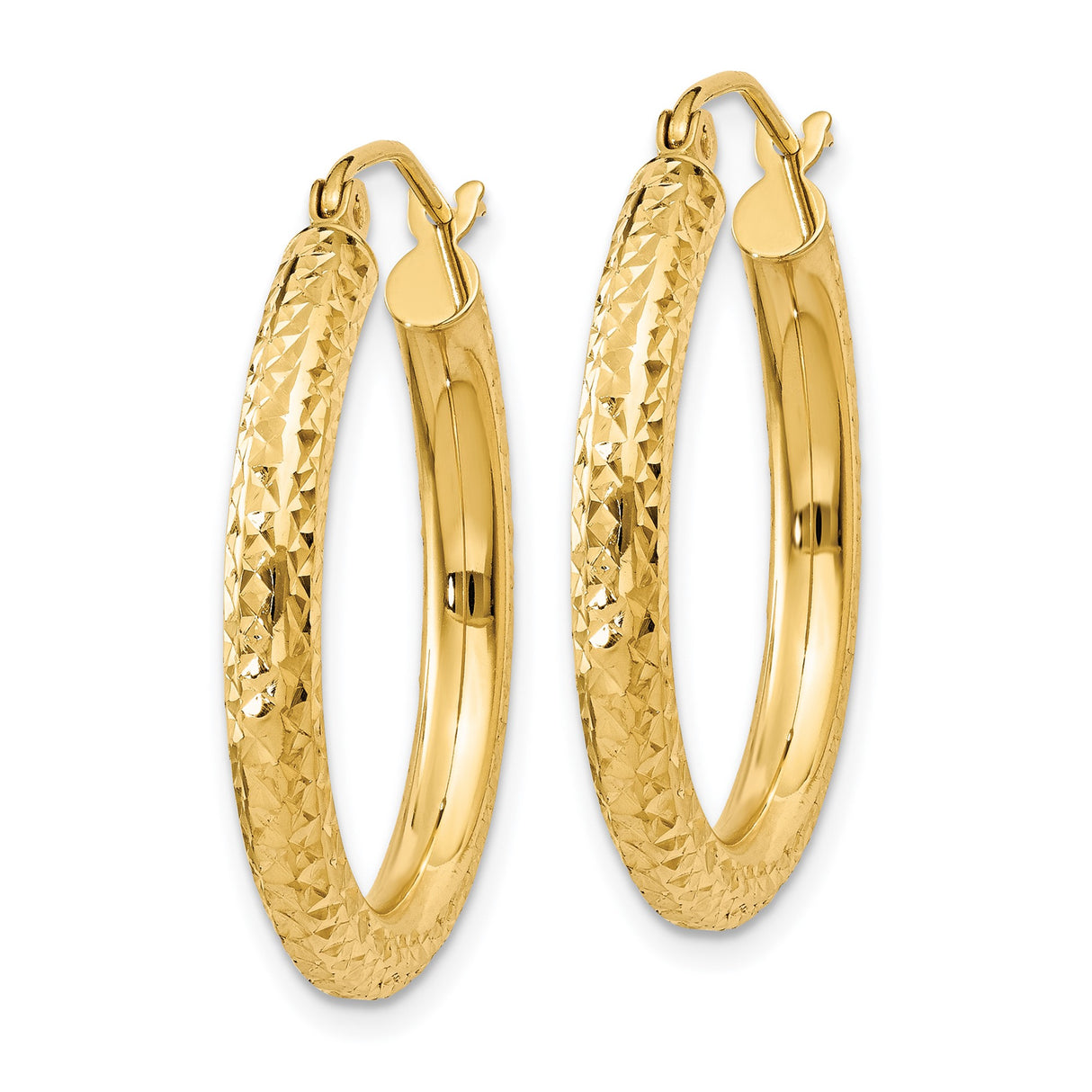 14k Yellow Gold Hoop Earrings, Textured Diamond-Cut Round Design, Lightweight High Polish Finish