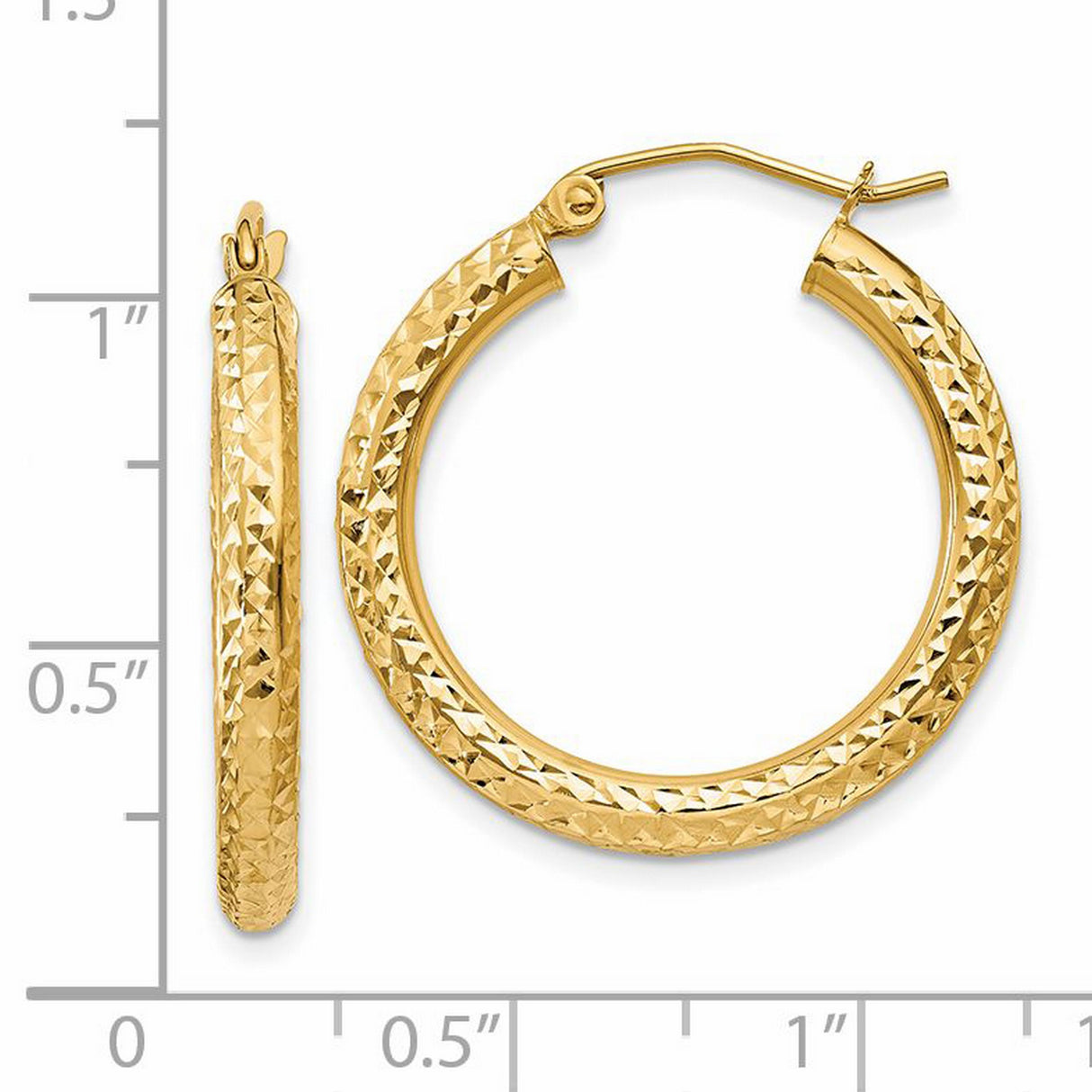 14k Yellow Gold Hoop Earrings, Textured Diamond-Cut Round Design, Lightweight High Polish Finish