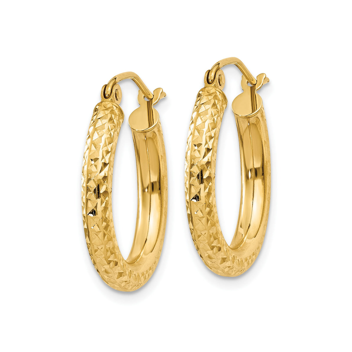 14k Yellow Gold Hoop Earrings, Diamond-Cut Textured Round Design, Medium Size for Women