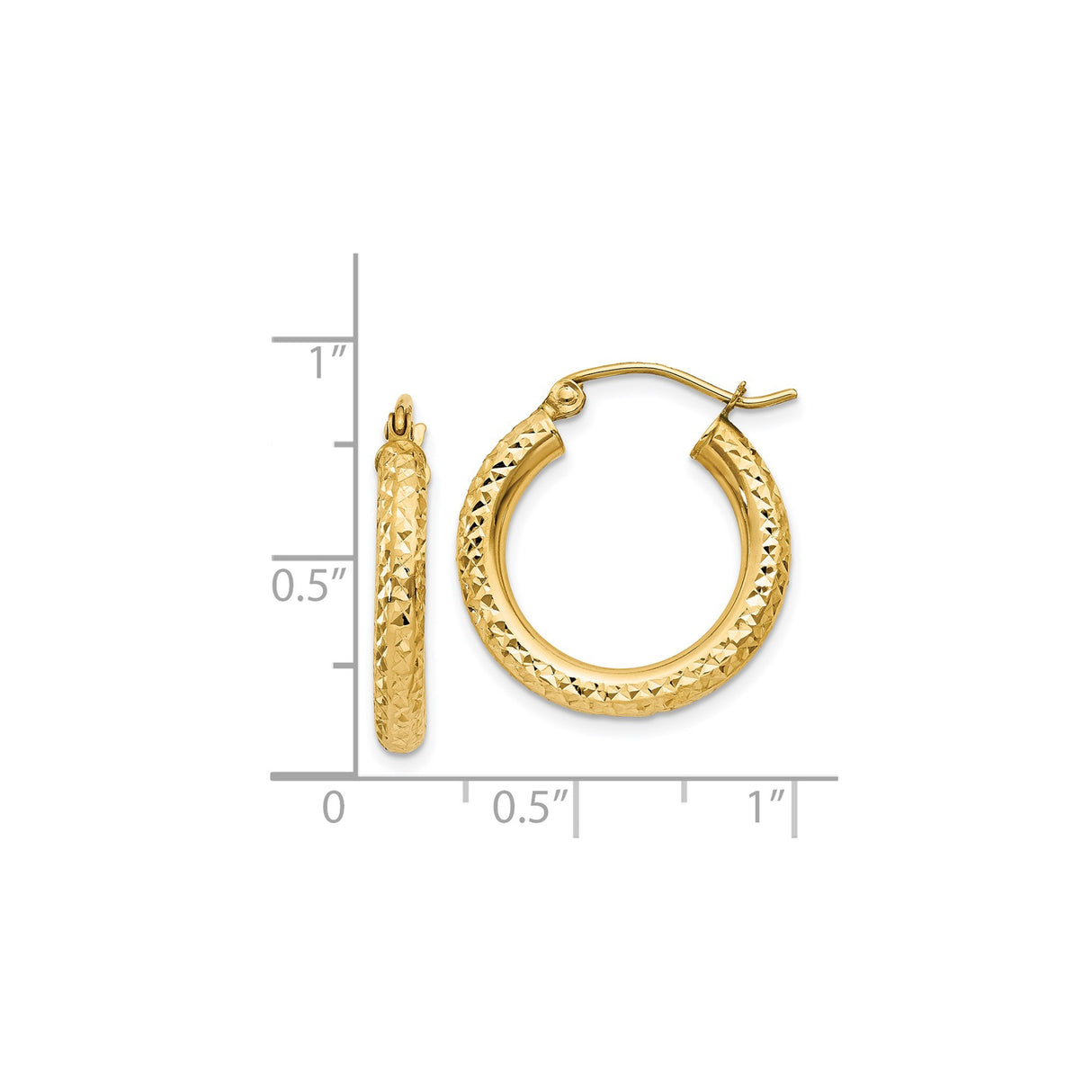 14k Yellow Gold Hoop Earrings, Diamond-Cut Textured Round Design, Medium Size for Women