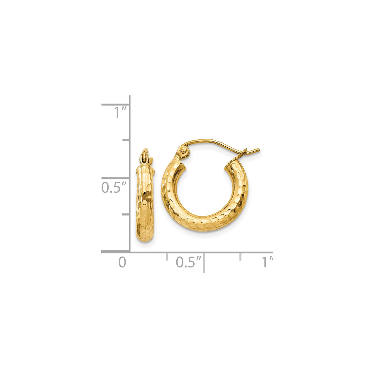 14k Yellow Gold Hoop Earrings with Hammered Finish, Lightweight Classic Design