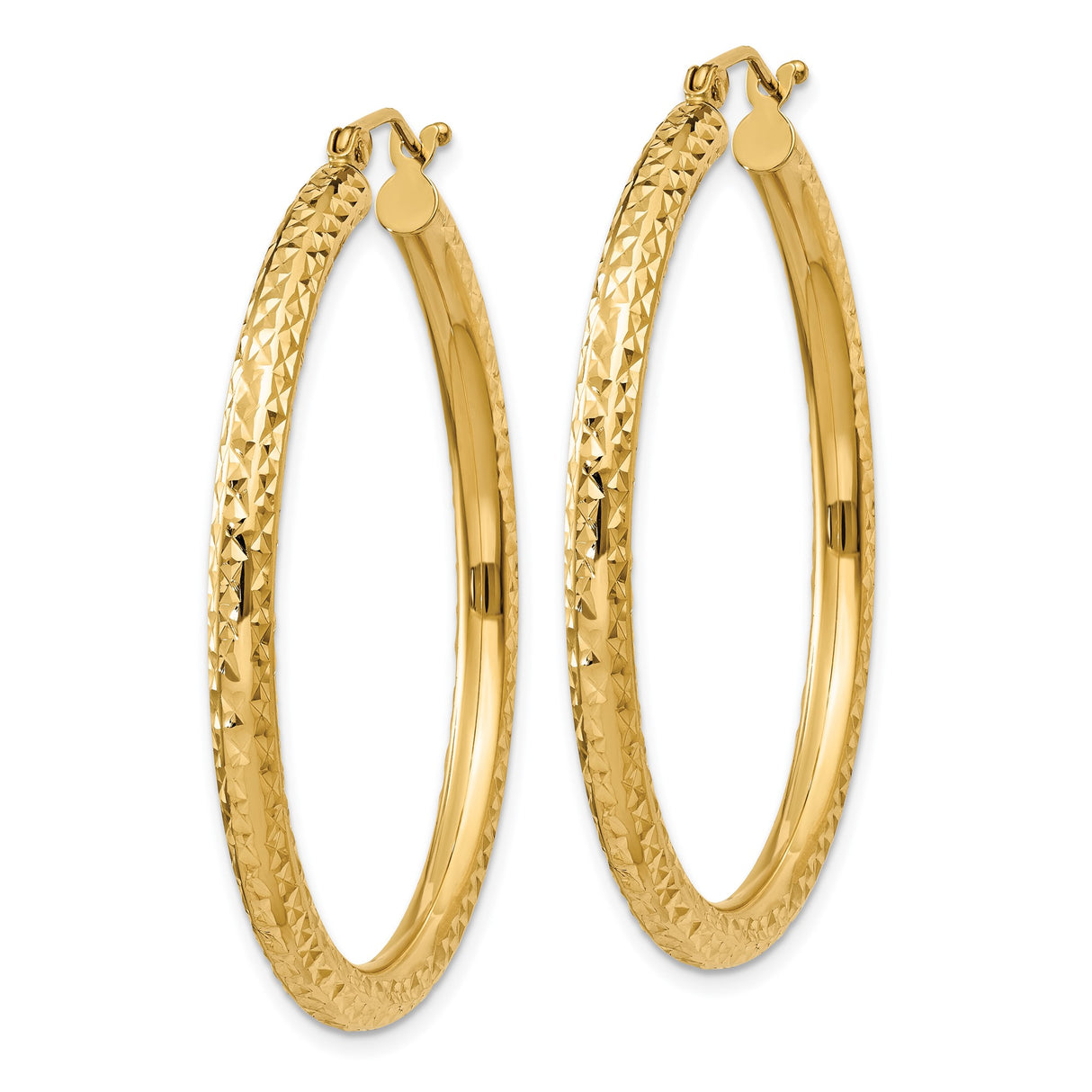14k Yellow Gold Hoop Earrings, Textured Diamond Cut Design, Polished Finish, Lightweight Medium to Large Size