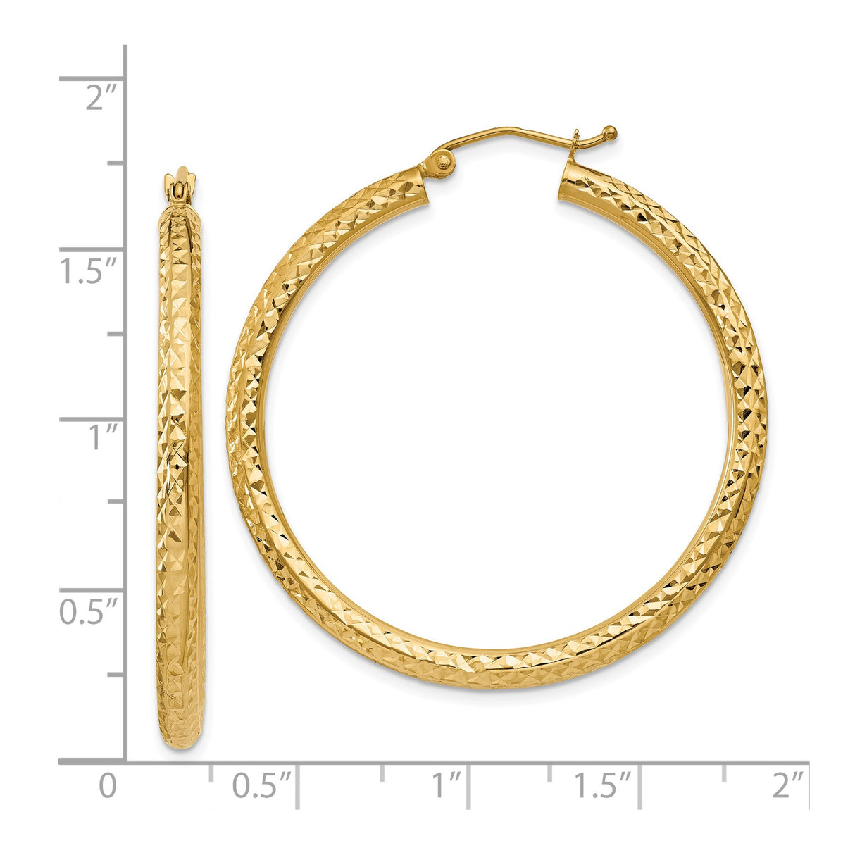 14k Yellow Gold Hoop Earrings, Textured Diamond Cut Design, Polished Finish, Lightweight Medium to Large Size