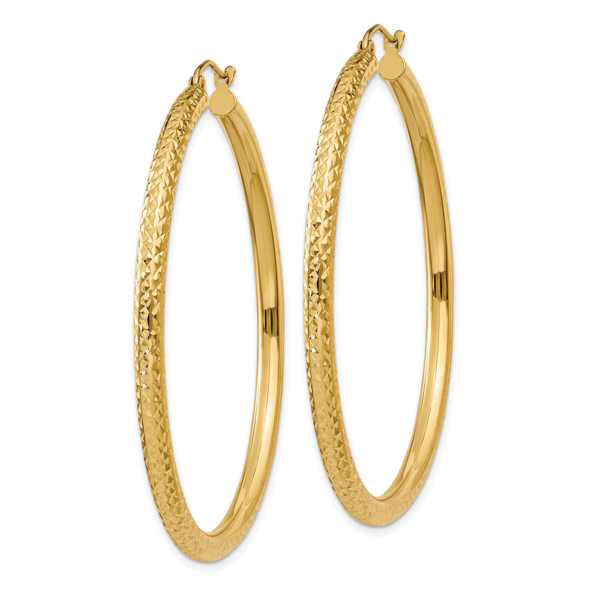 14k Yellow Gold Hoop Earrings, Large Diamond-Cut Textured Style, High-Polish Finish