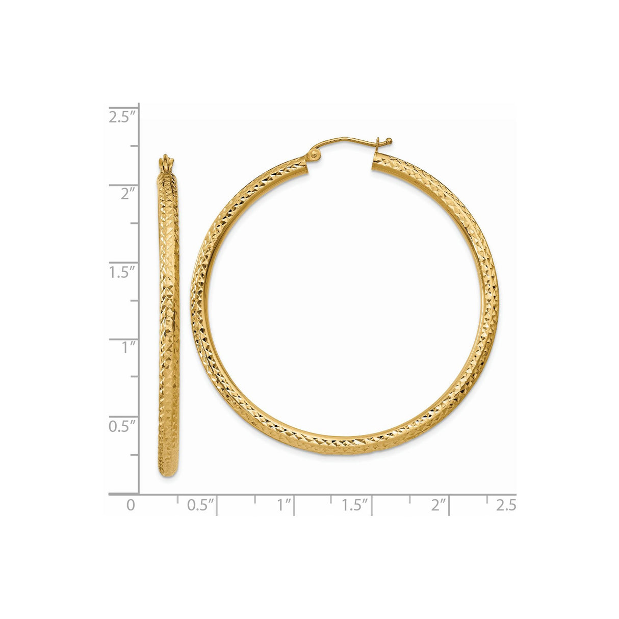 14k Yellow Gold Hoop Earrings, Large Diamond-Cut Textured Style, High-Polish Finish