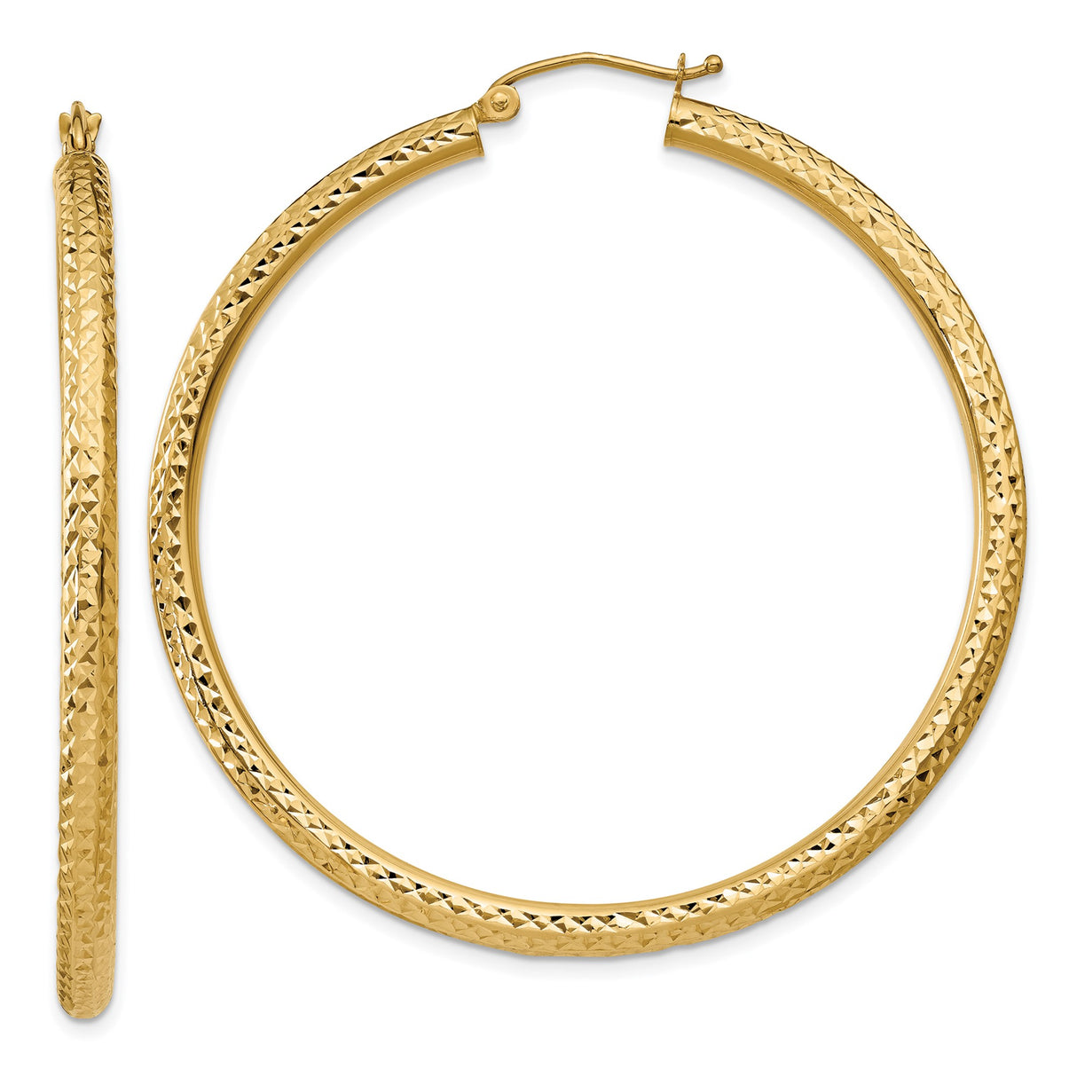 14k Yellow Gold Hoop Earrings, Large Diamond-Cut Textured Style, High-Polish Finish