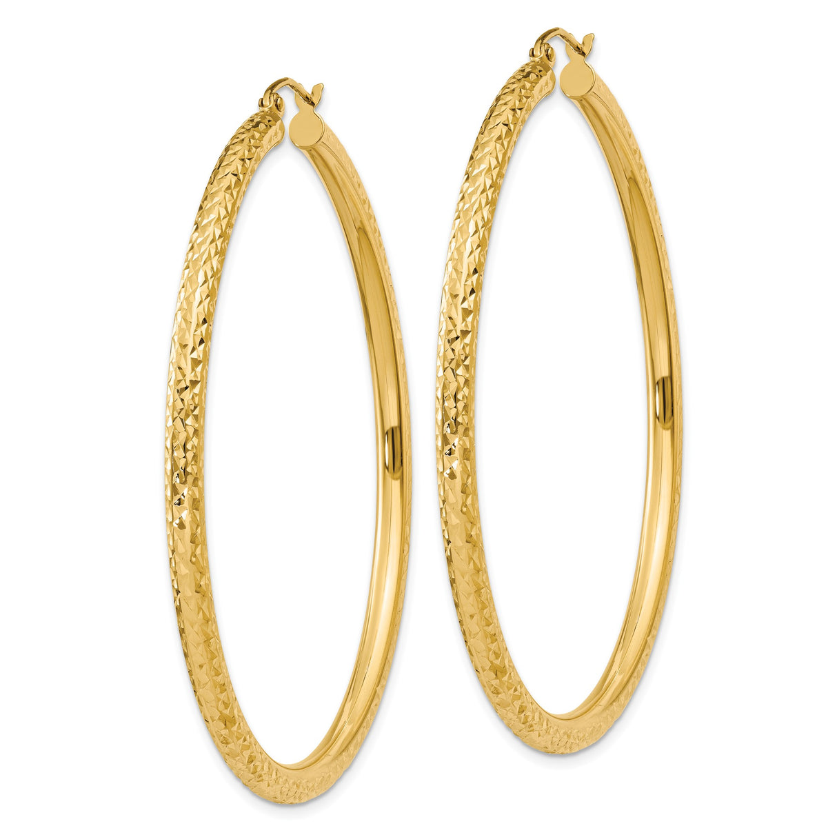 14k Yellow Gold Hoop Earrings, Diamond Cut Textured Large Hoops for Women