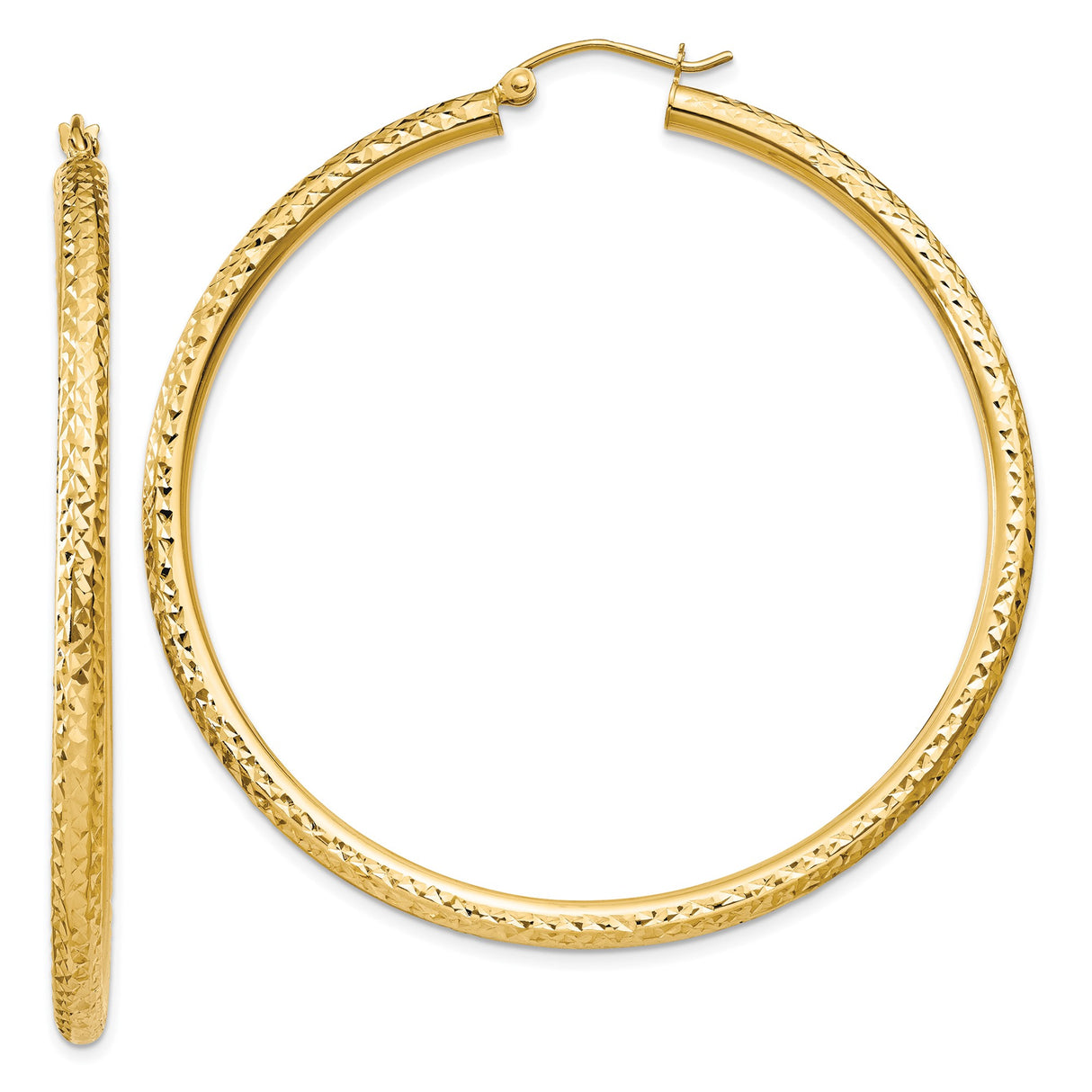 14k Yellow Gold Hoop Earrings, Diamond Cut Textured Large Hoops for Women