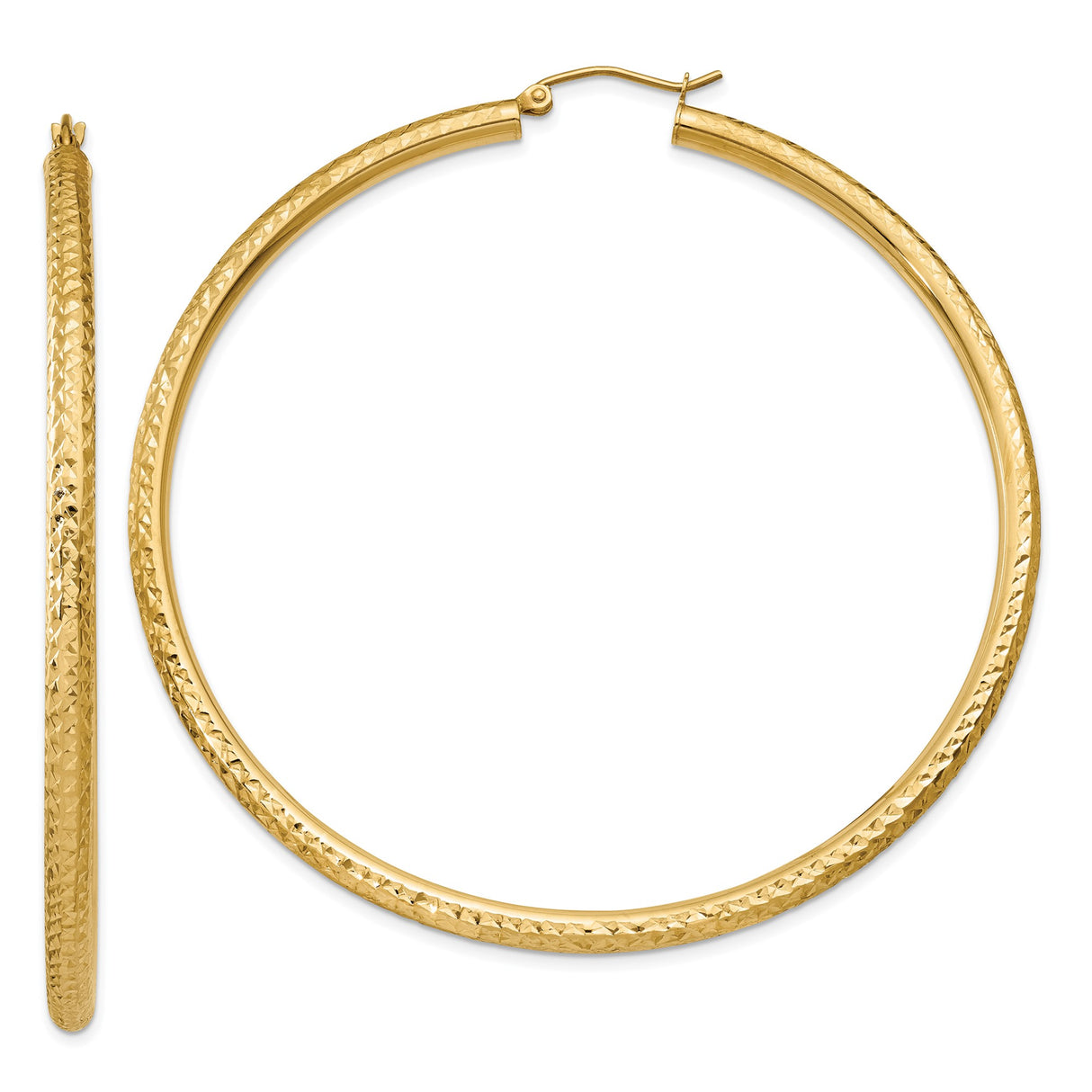 14k Yellow Gold Hoop Earrings, Diamond-Cut Textured, Large Lightweight Design for Women