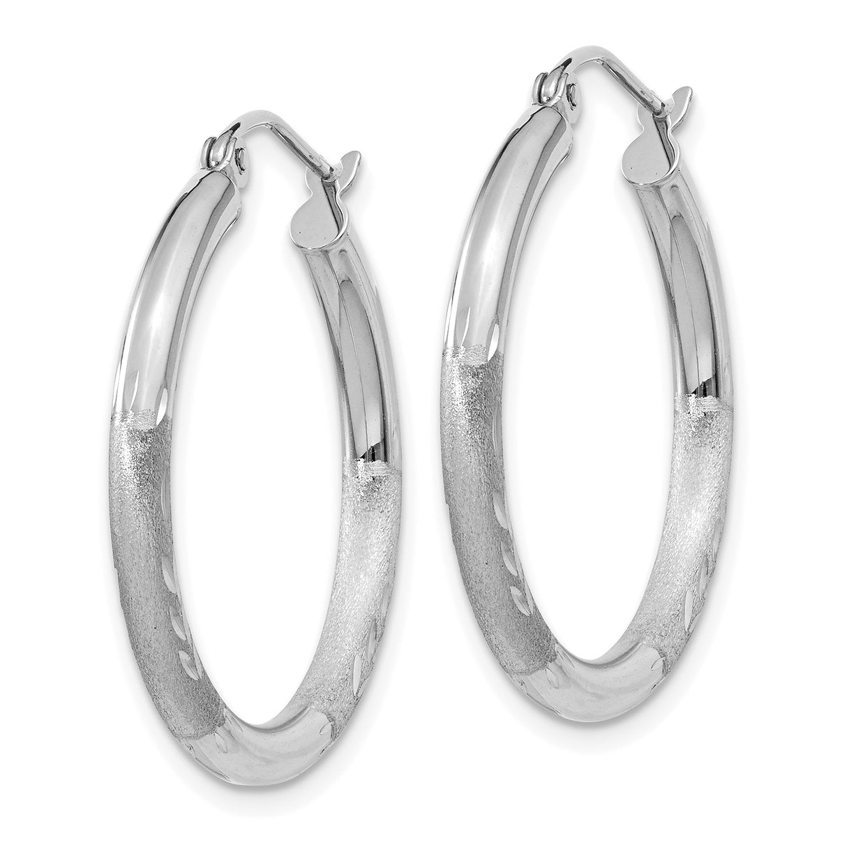 14k White Gold Hoop Earrings, Polished Textured Finish with Diamond Cut Detailing