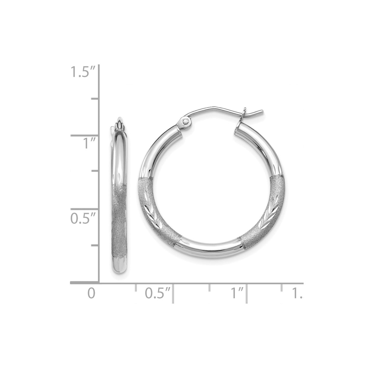 14k White Gold Hoop Earrings, Polished Textured Finish with Diamond Cut Detailing