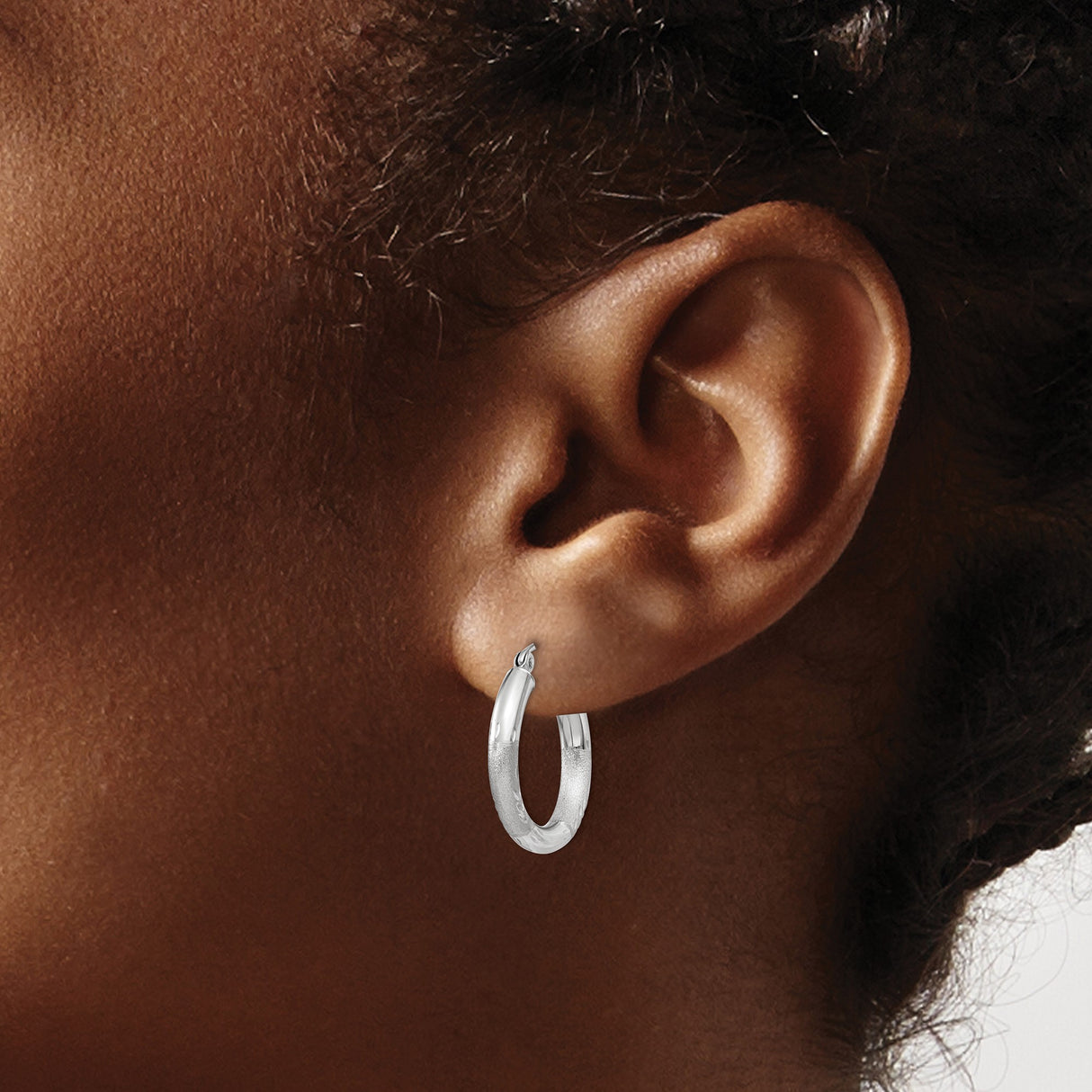 14k White Gold Hoop Earrings, Polished and Textured Leaf Design Hinged Hoops for Women