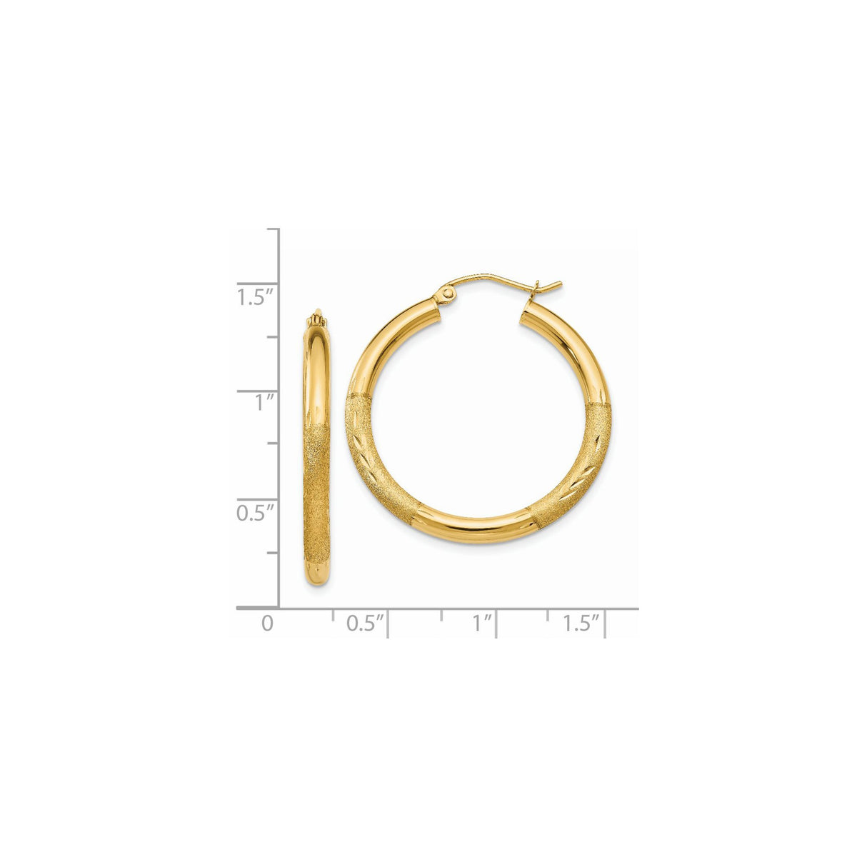 14k Yellow Gold Hoop Earrings with Satin Finish and Polished Textured Design, Lightweight Round Style