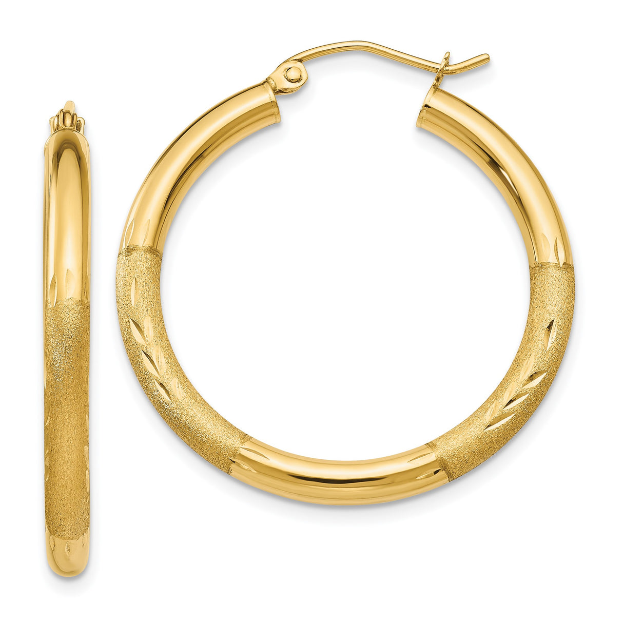 14k Yellow Gold Hoop Earrings with Satin Finish and Polished Textured Design, Lightweight Round Style
