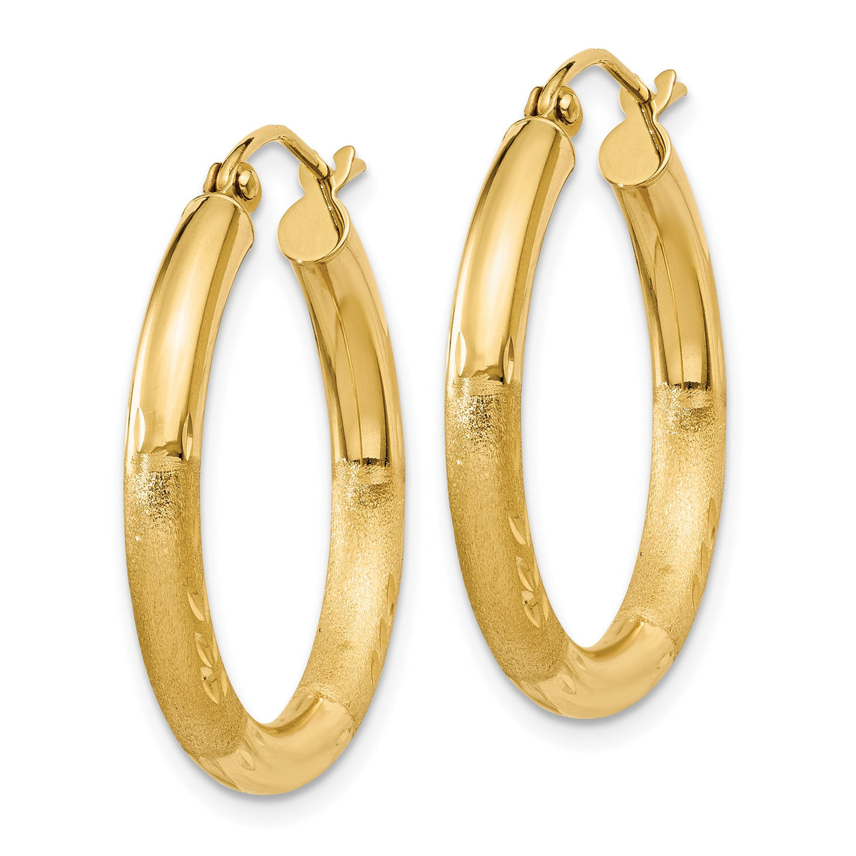 14k Yellow Gold Hoop Earrings, Polished and Textured with Diamond-Cut Detailing