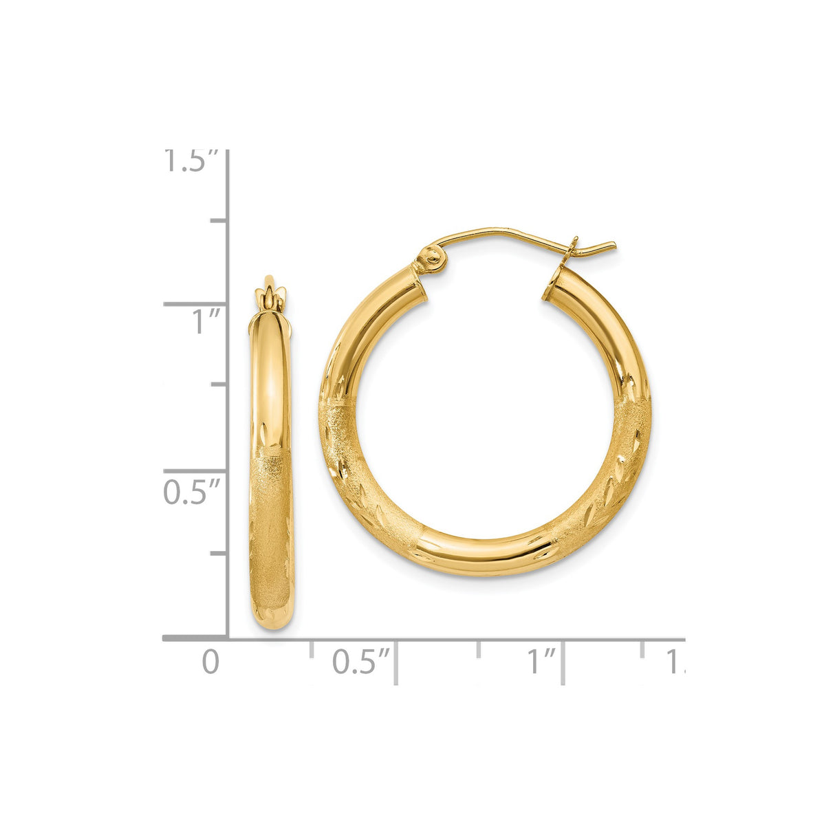 14k Yellow Gold Hoop Earrings, Polished and Textured with Diamond-Cut Detailing