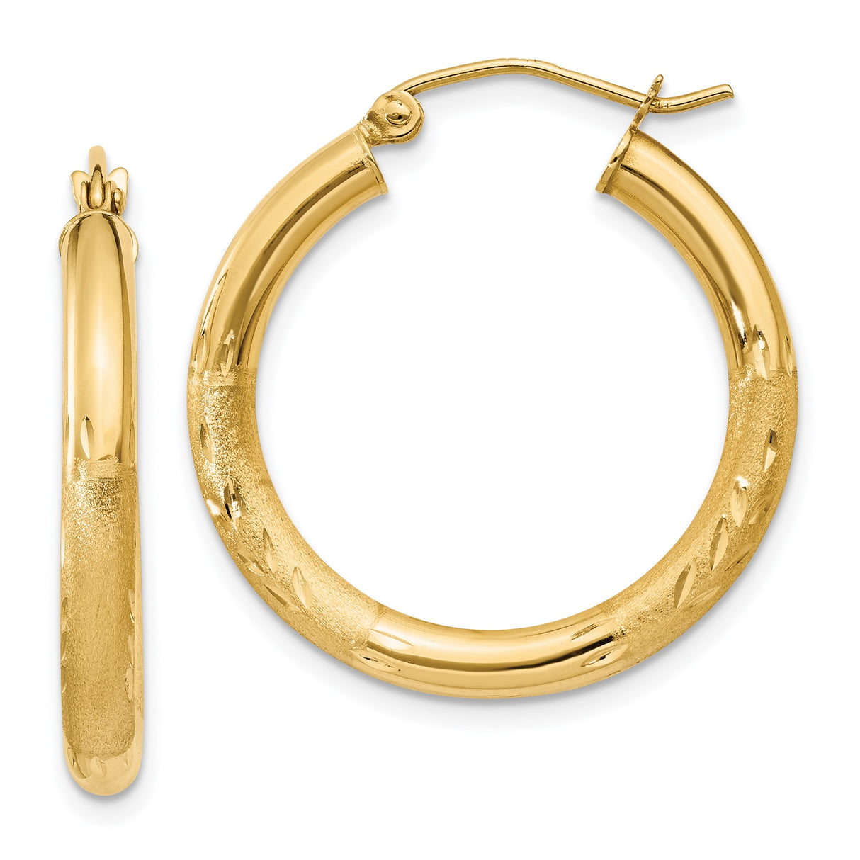 14k Yellow Gold Hoop Earrings, Polished and Textured with Diamond-Cut Detailing