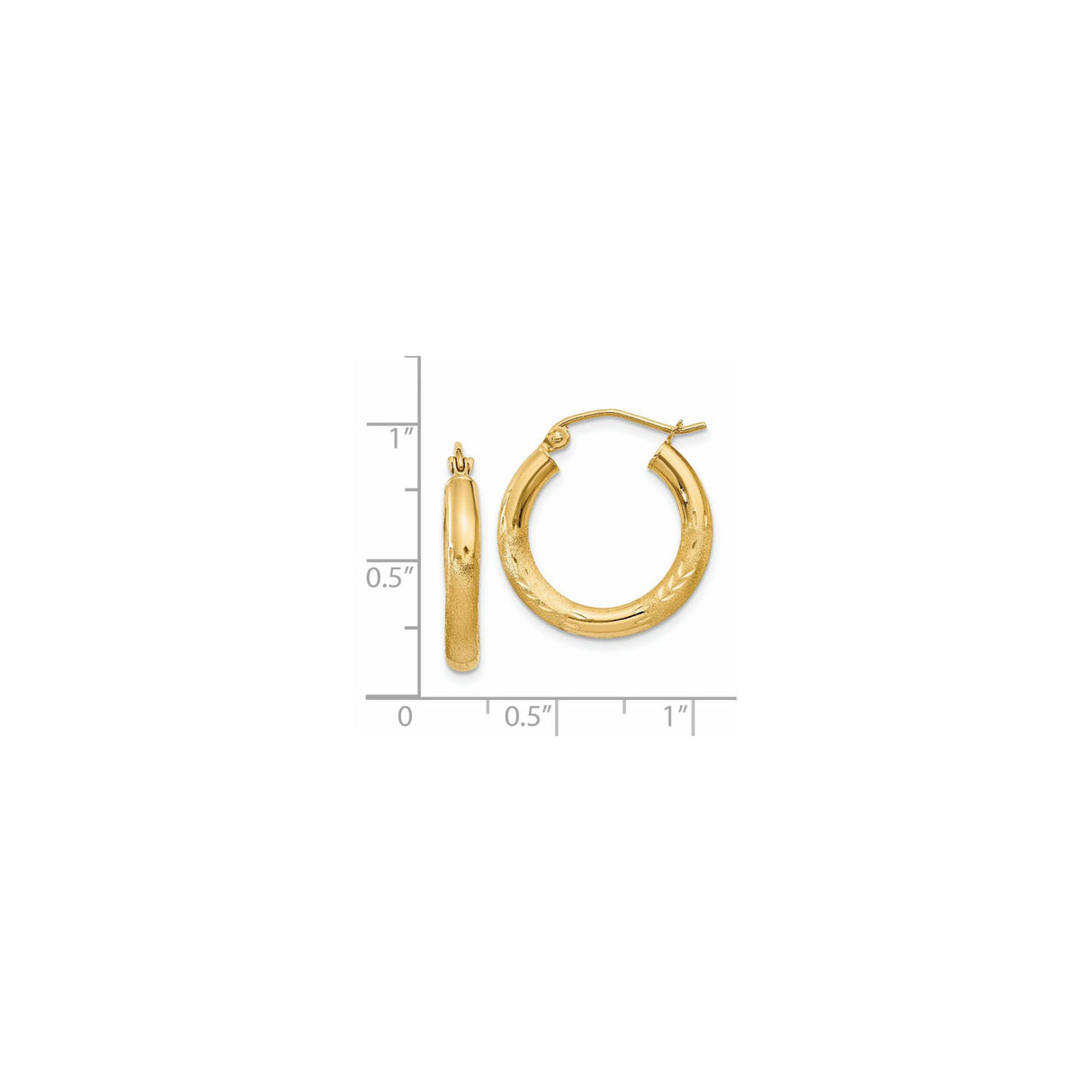 14k Yellow Gold Hoop Earrings, Satin and Polished Finish, Etched Leaf Design, Lightweight Classic Style