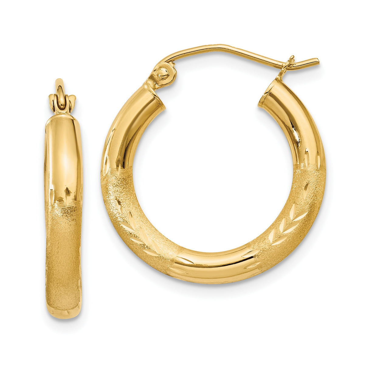 14k Yellow Gold Hoop Earrings, Satin and Polished Finish, Etched Leaf Design, Lightweight Classic Style