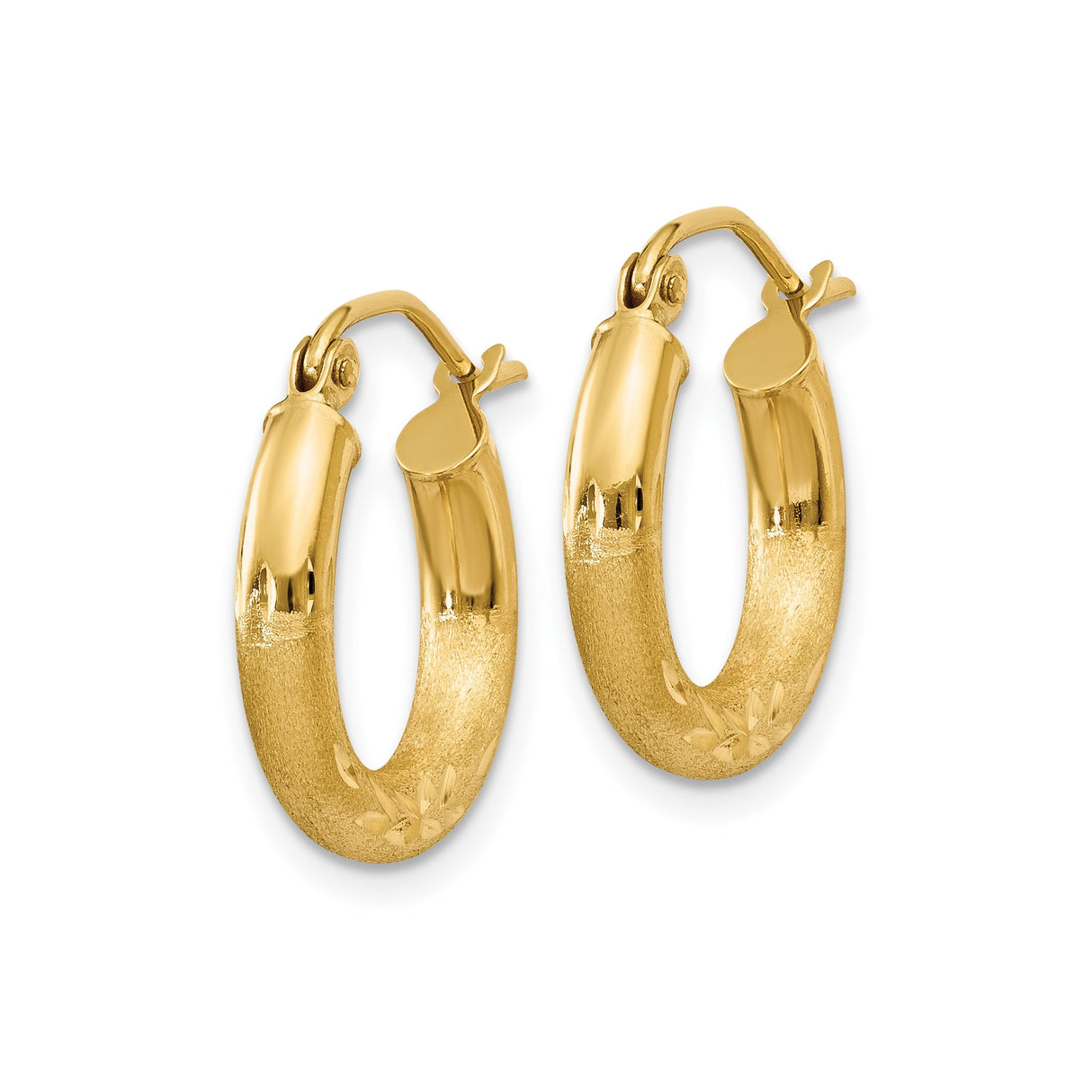 14k Yellow Gold Hoop Earrings, Polished and Textured Finish with Leaf Pattern