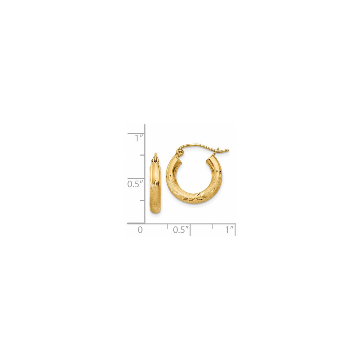 14k Yellow Gold Hoop Earrings, Polished and Textured Finish with Leaf Pattern