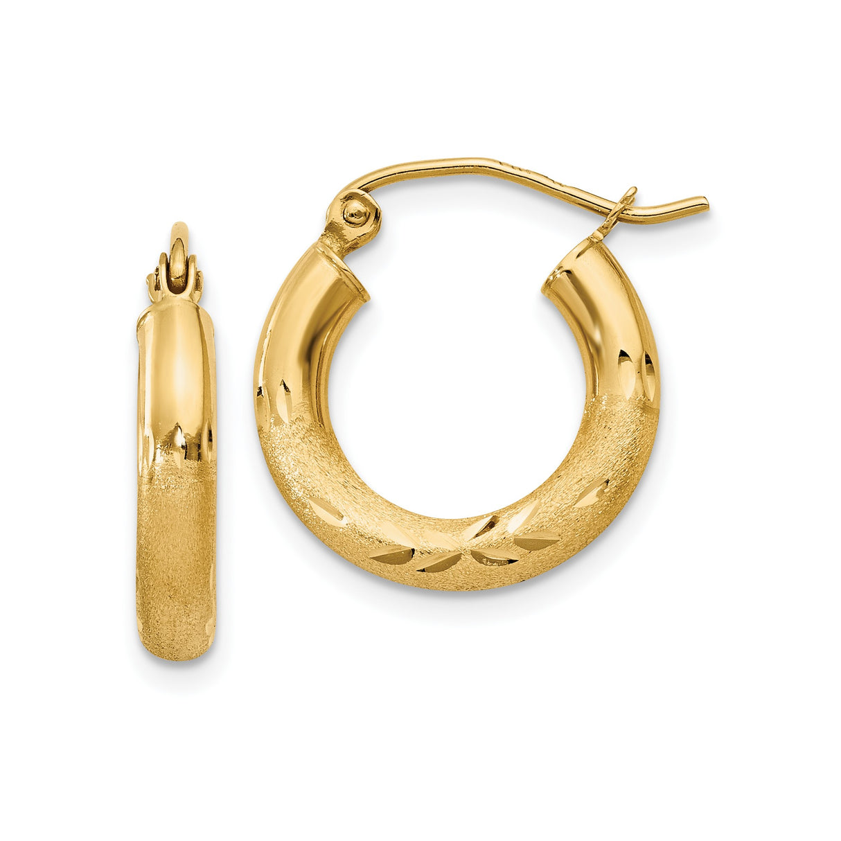 14k Yellow Gold Hoop Earrings, Polished and Textured Finish with Leaf Pattern