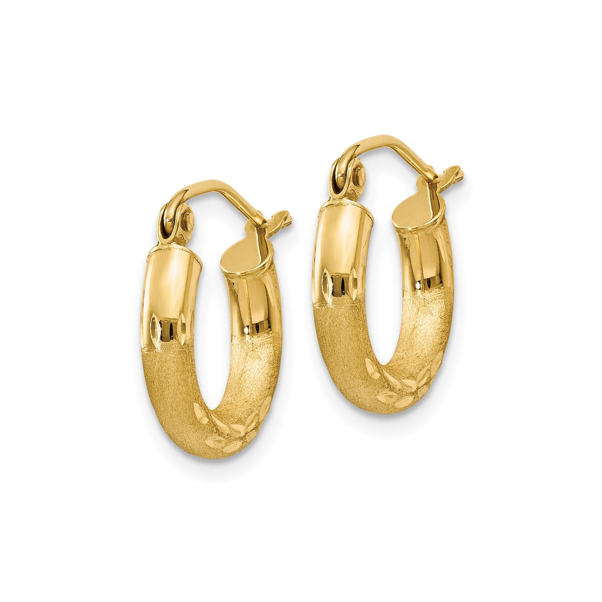 14k Yellow Gold Hoop Earrings, Textured Finish with Diamond Cut Leaf Pattern