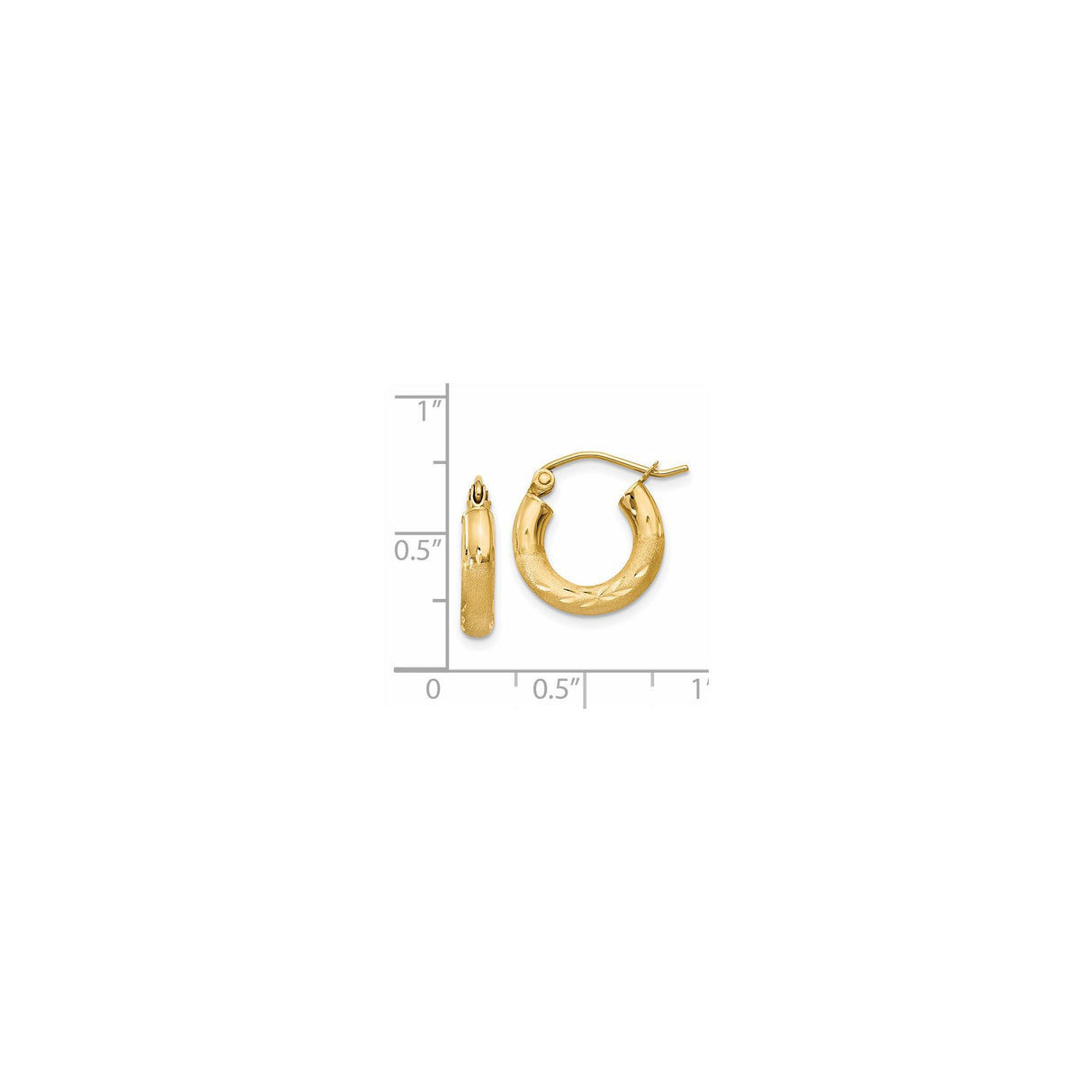 14k Yellow Gold Hoop Earrings, Textured Finish with Diamond Cut Leaf Pattern