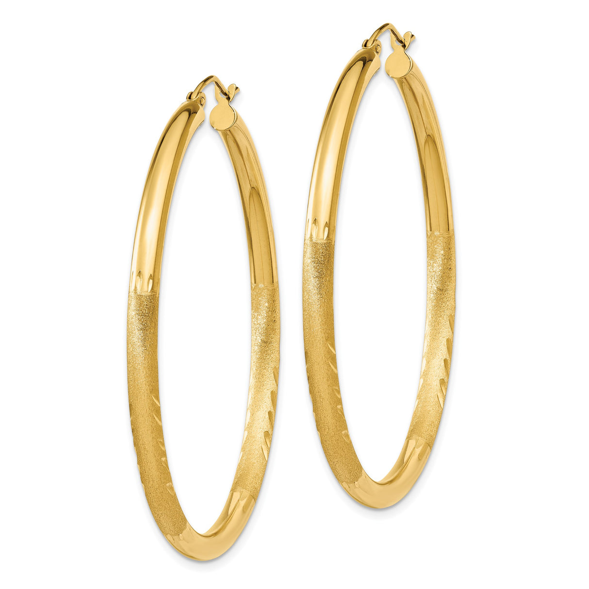14k Yellow Gold Hoop Earrings, Large Round Polished and Textured Leaf Pattern Design