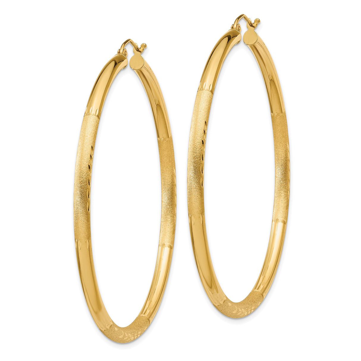 14k Yellow Gold Hoop Earrings, Lightweight Textured Design with Etched Leaf Pattern