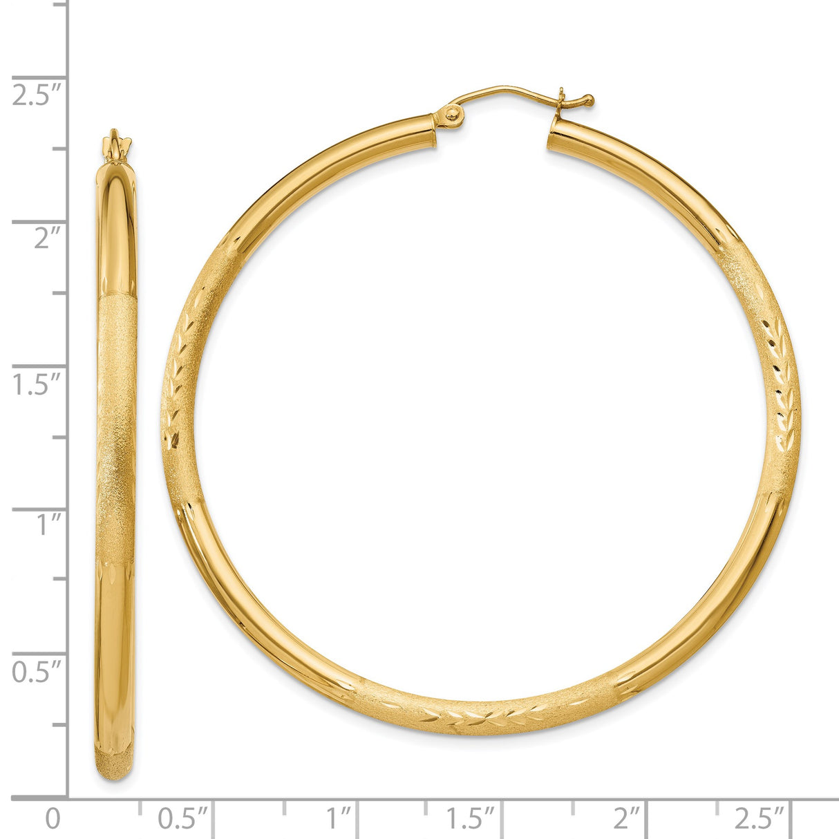 14k Yellow Gold Hoop Earrings, Lightweight Textured Design with Etched Leaf Pattern